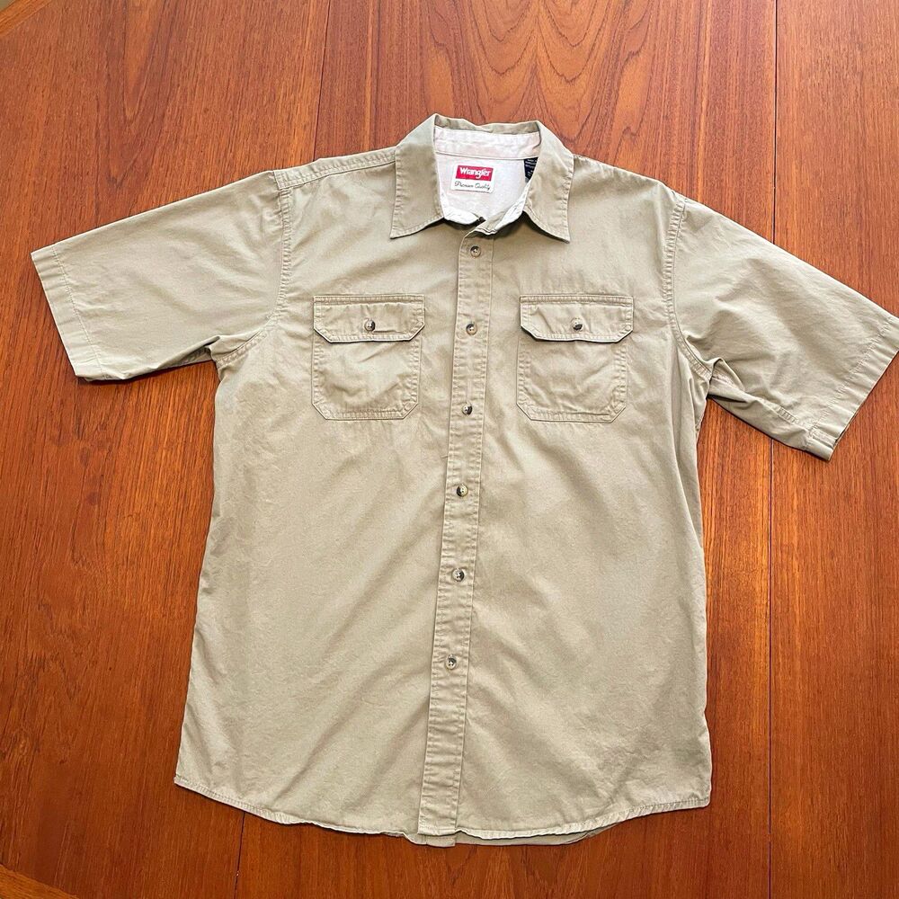 Vintage Wrangler Premium Quality M Beige Tan Short Sleeve Button Up Shirt Work